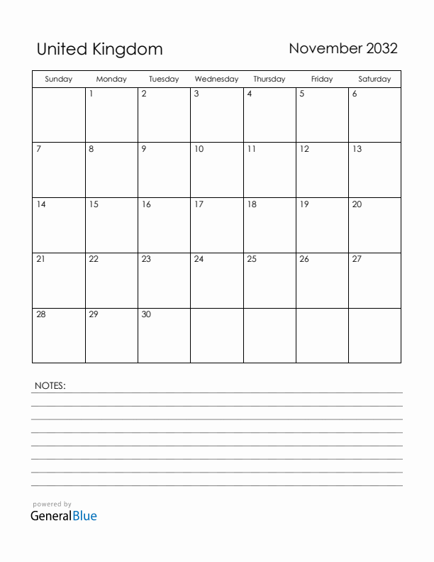 November 2032 United Kingdom Calendar with Holidays (Sunday Start)