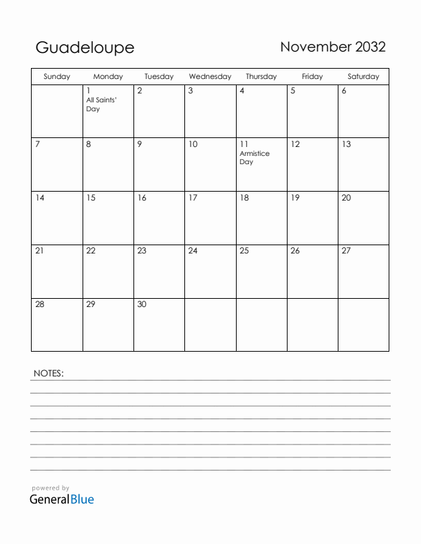November 2032 Guadeloupe Calendar with Holidays (Sunday Start)