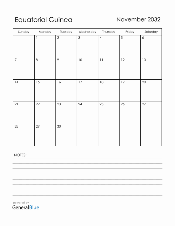 November 2032 Equatorial Guinea Calendar with Holidays (Sunday Start)
