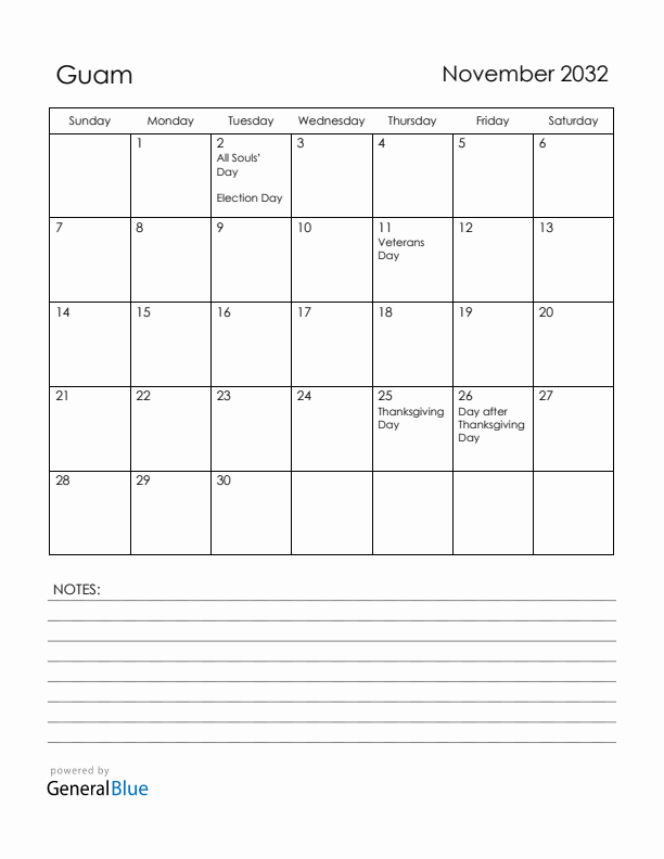 November 2032 Guam Calendar with Holidays (Sunday Start)