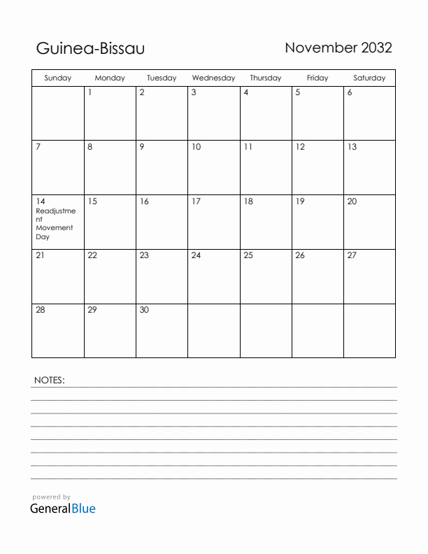 November 2032 Guinea-Bissau Calendar with Holidays (Sunday Start)