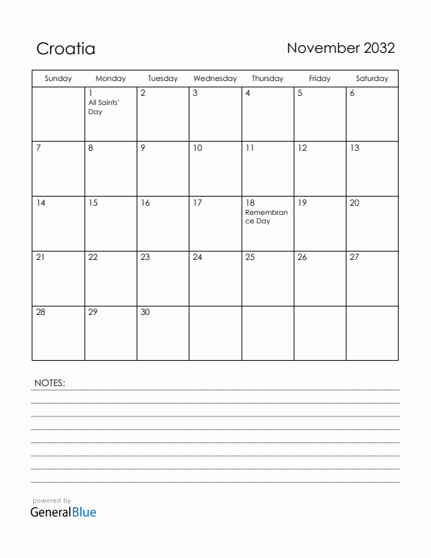 November 2032 Croatia Calendar with Holidays (Sunday Start)