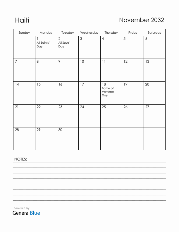 November 2032 Haiti Calendar with Holidays (Sunday Start)