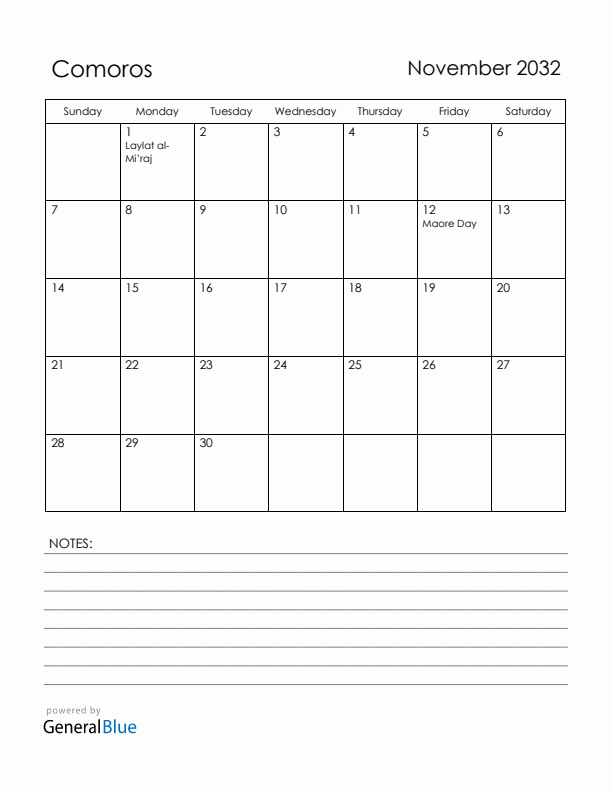 November 2032 Comoros Calendar with Holidays (Sunday Start)