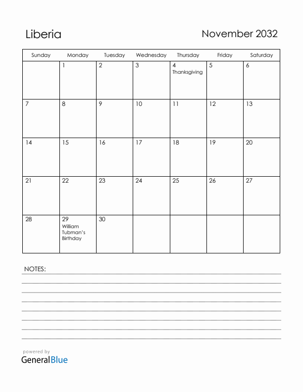 November 2032 Liberia Calendar with Holidays (Sunday Start)