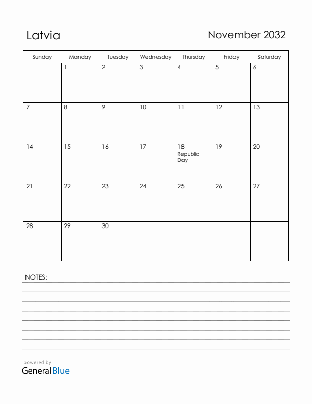 November 2032 Latvia Calendar with Holidays (Sunday Start)
