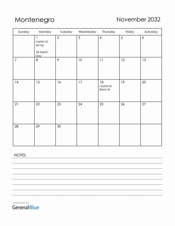 November 2032 Montenegro Calendar with Holidays (Sunday Start)