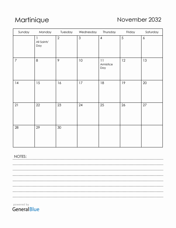November 2032 Martinique Calendar with Holidays (Sunday Start)