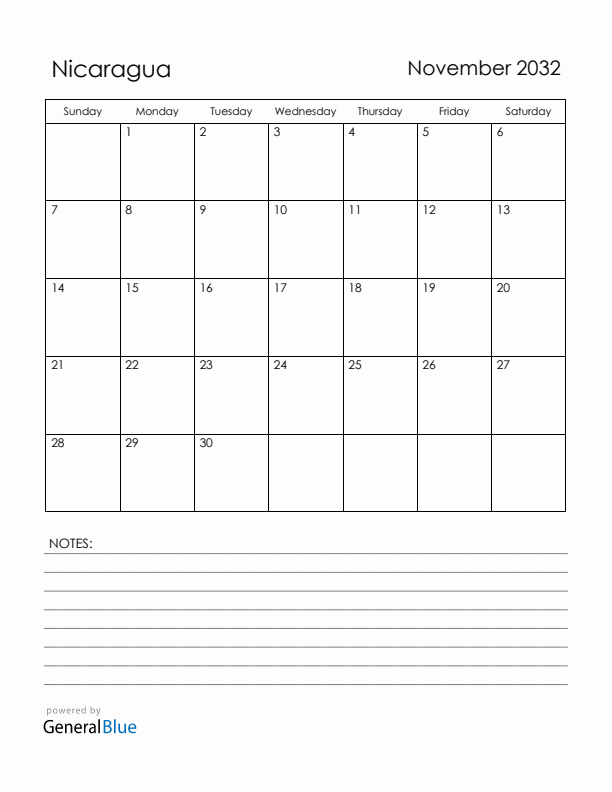November 2032 Nicaragua Calendar with Holidays (Sunday Start)