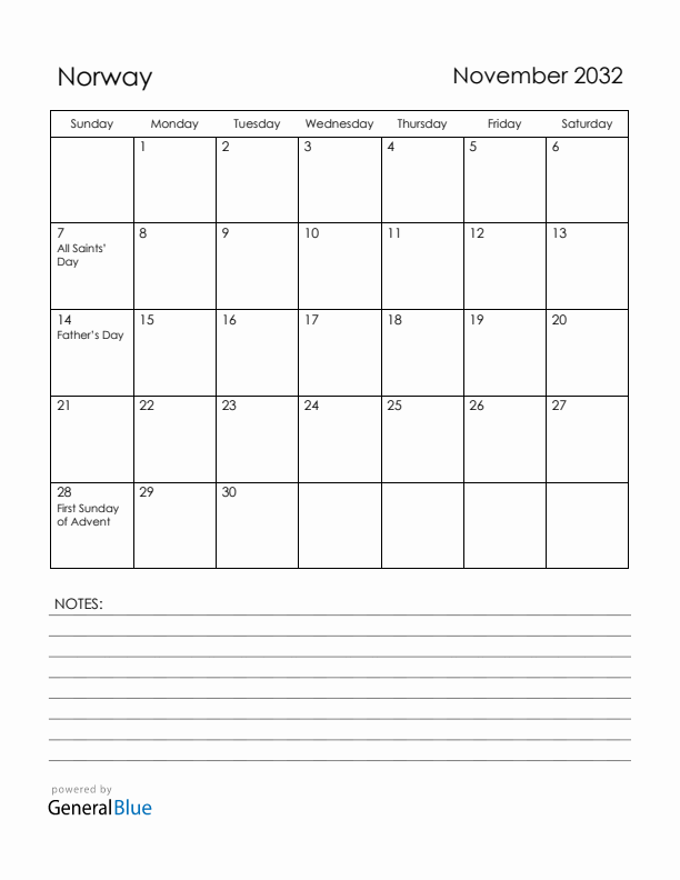 November 2032 Norway Calendar with Holidays (Sunday Start)