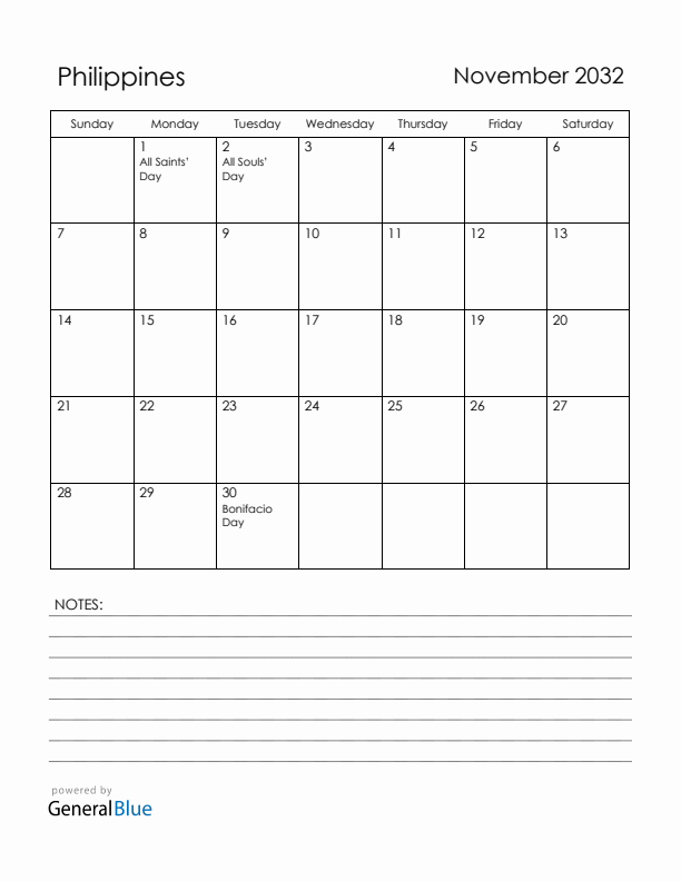 November 2032 Philippines Calendar with Holidays (Sunday Start)