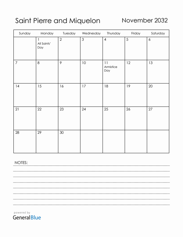 November 2032 Saint Pierre and Miquelon Calendar with Holidays (Sunday Start)
