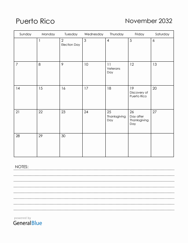 November 2032 Puerto Rico Calendar with Holidays (Sunday Start)