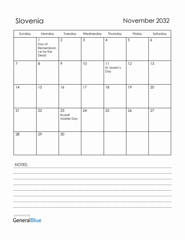 November 2032 Slovenia Calendar with Holidays (Sunday Start)