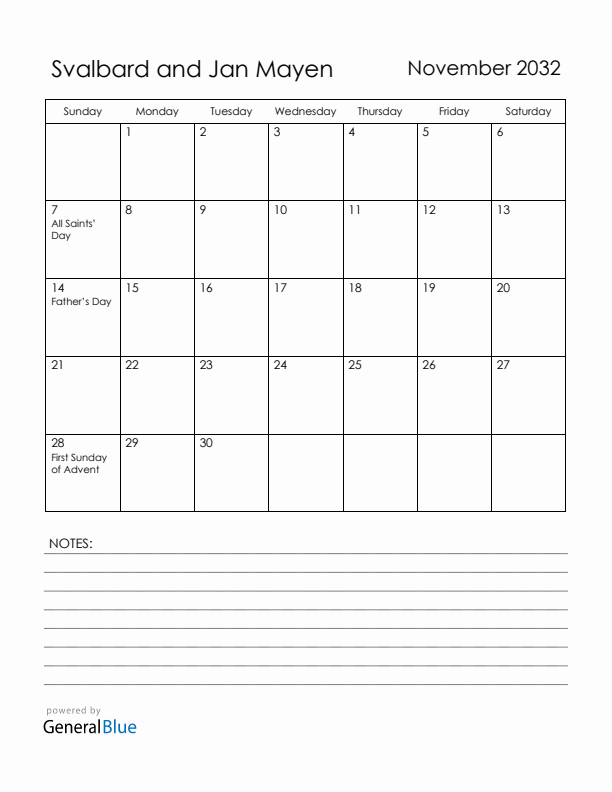November 2032 Svalbard and Jan Mayen Calendar with Holidays (Sunday Start)