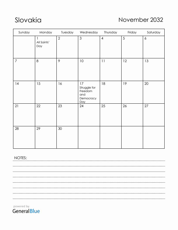 November 2032 Slovakia Calendar with Holidays (Sunday Start)
