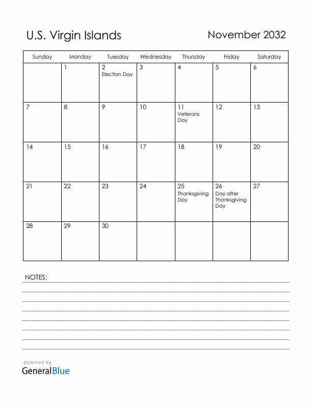 November 2032 U.S. Virgin Islands Calendar with Holidays (Sunday Start)