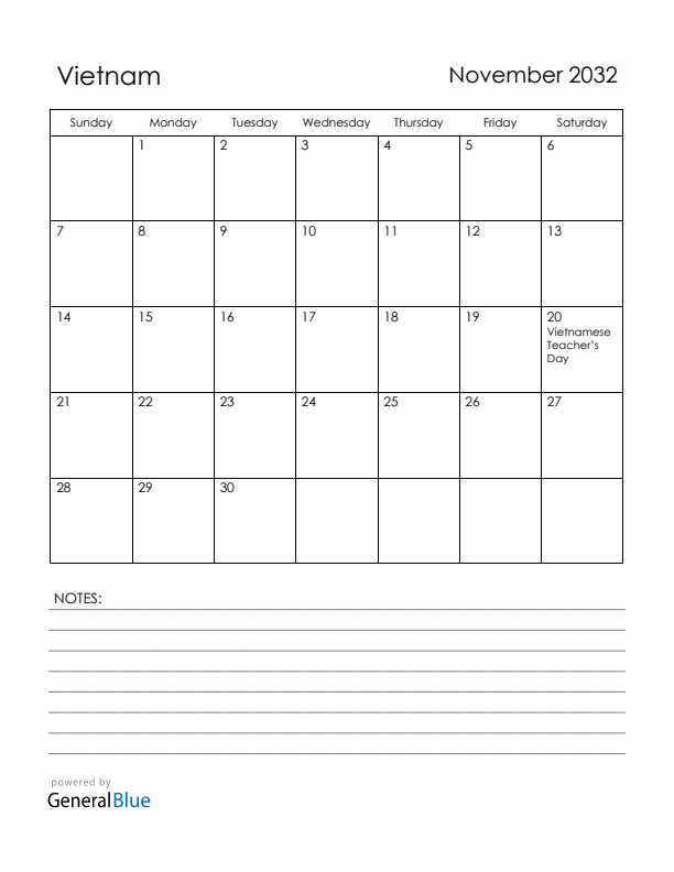 November 2032 Vietnam Calendar with Holidays (Sunday Start)
