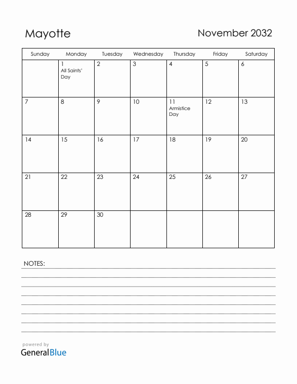 November 2032 Mayotte Calendar with Holidays (Sunday Start)
