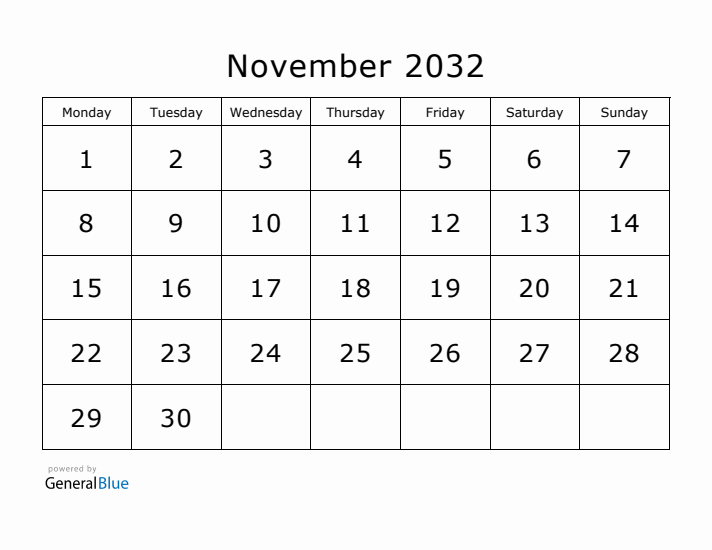 Printable November 2032 Calendar - Monday Start