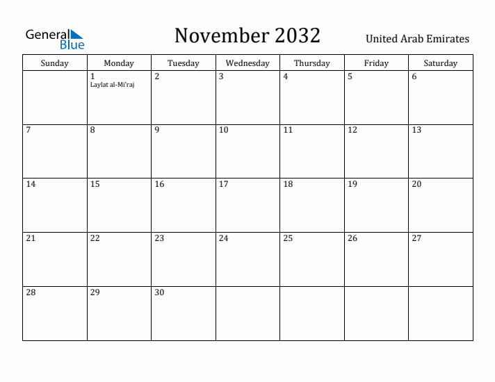 November 2032 Calendar United Arab Emirates