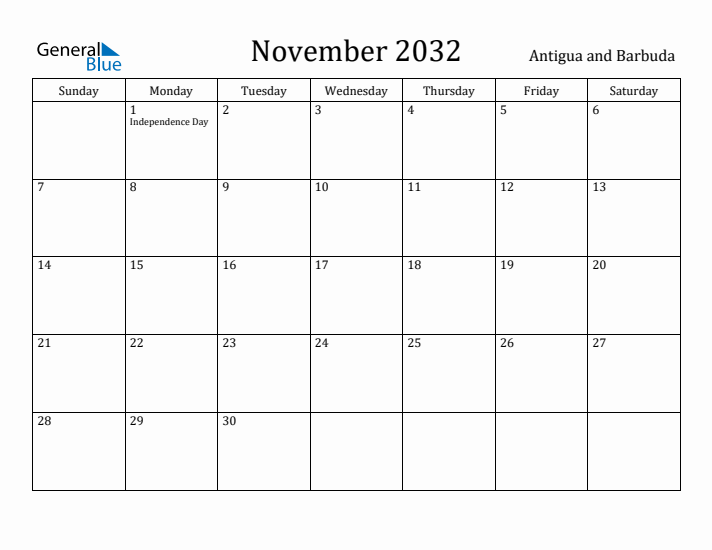 November 2032 Calendar Antigua and Barbuda