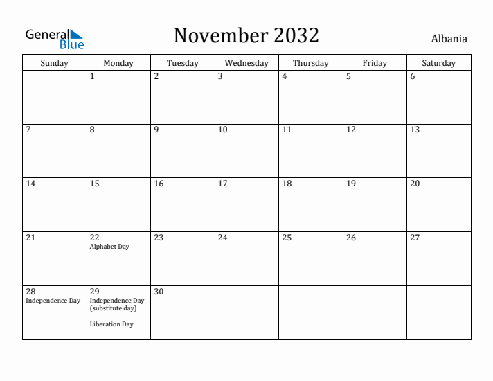 November 2032 Calendar Albania