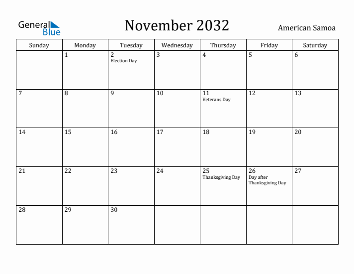November 2032 Calendar American Samoa