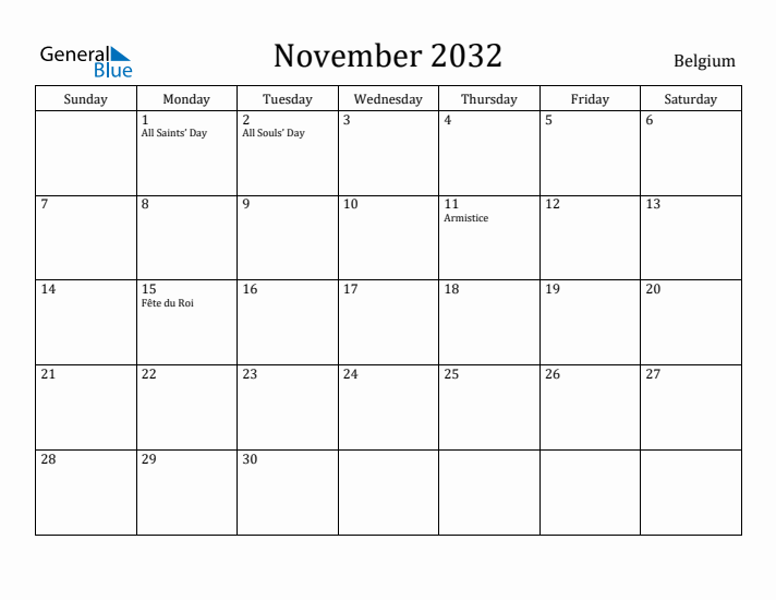 November 2032 Calendar Belgium