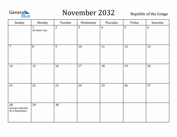 November 2032 Calendar Republic of the Congo