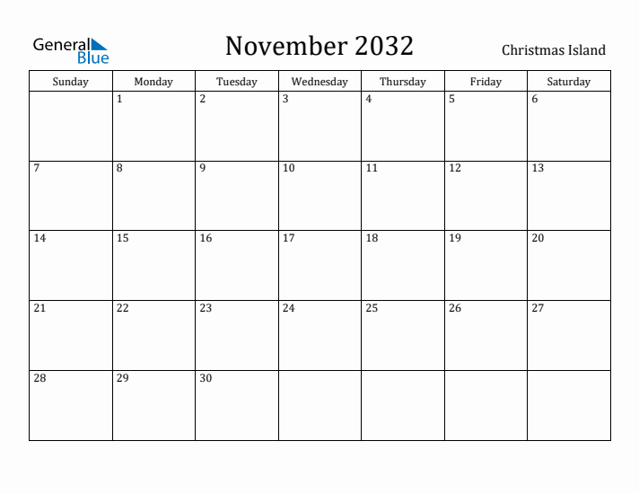 November 2032 Calendar Christmas Island