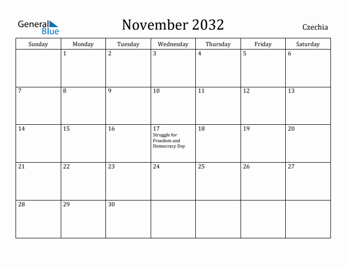 November 2032 Calendar Czechia