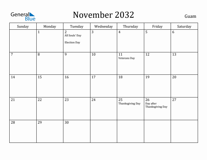 November 2032 Calendar Guam