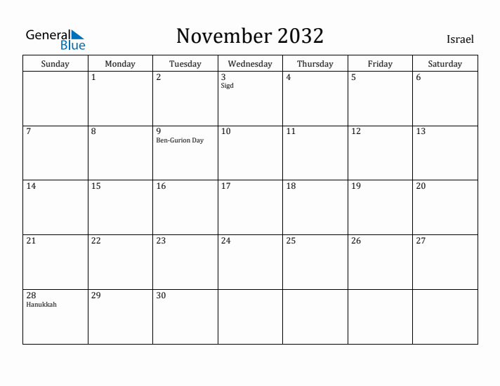 November 2032 Calendar Israel