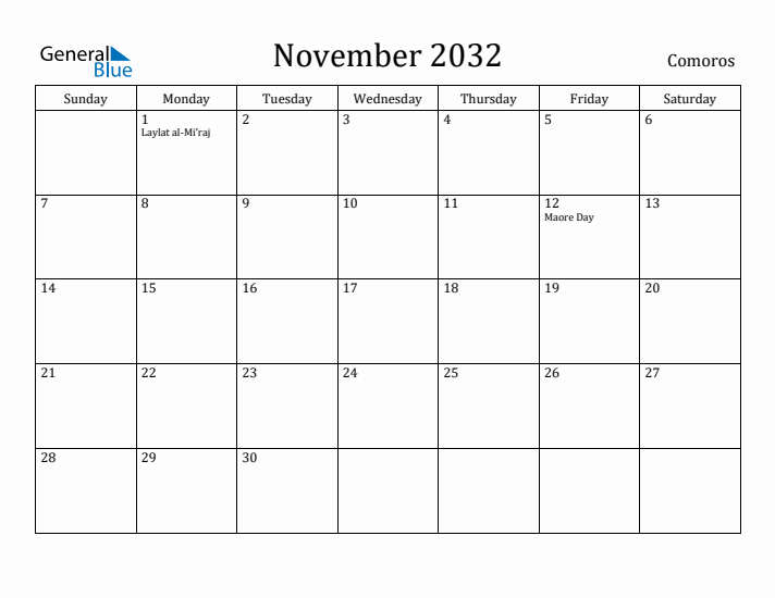 November 2032 Calendar Comoros