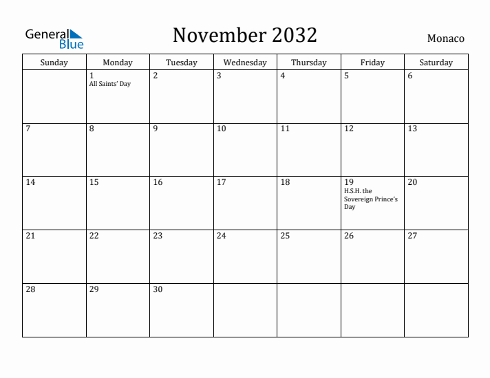 November 2032 Calendar Monaco