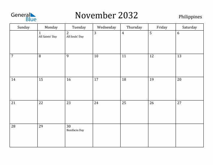 November 2032 Calendar Philippines