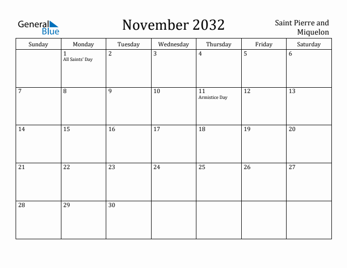 November 2032 Calendar Saint Pierre and Miquelon