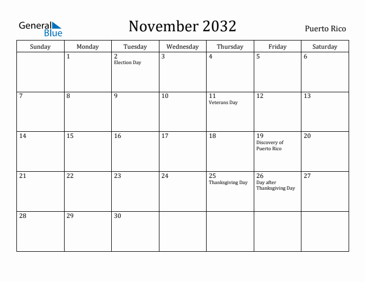 November 2032 Calendar Puerto Rico