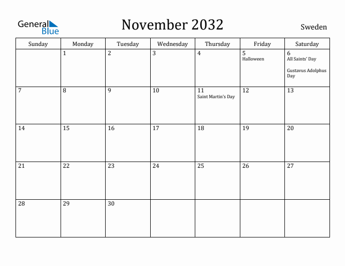 November 2032 Calendar Sweden