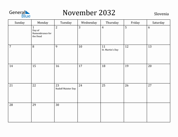 November 2032 Calendar Slovenia