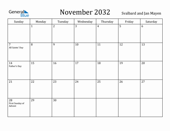 November 2032 Calendar Svalbard and Jan Mayen