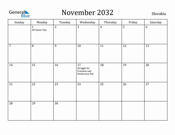 November 2032 Calendar Slovakia
