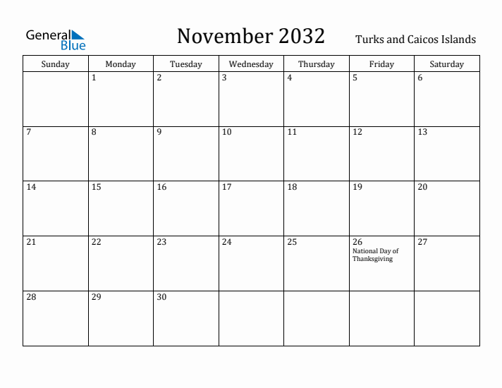 November 2032 Calendar Turks and Caicos Islands