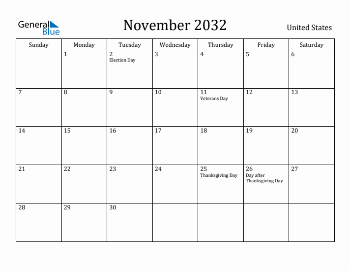 November 2032 Calendar United States