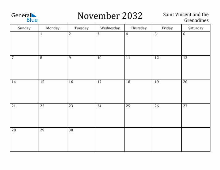 November 2032 Calendar Saint Vincent and the Grenadines