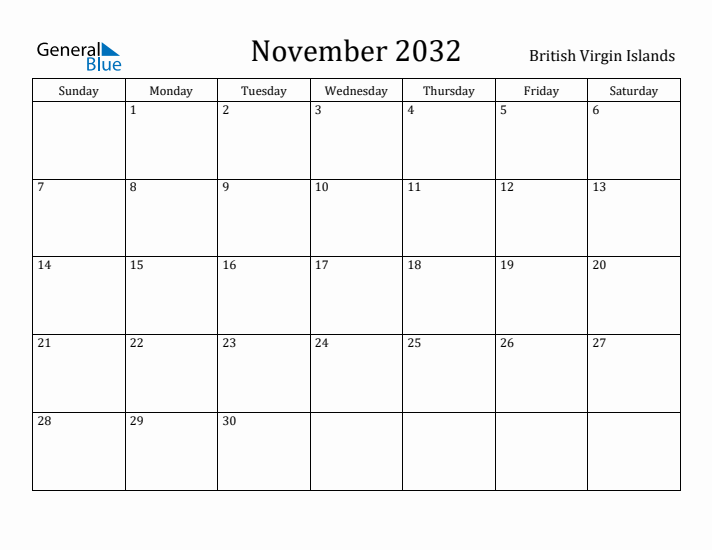 November 2032 Calendar British Virgin Islands