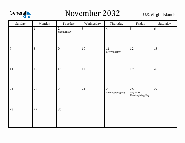 November 2032 Calendar U.S. Virgin Islands