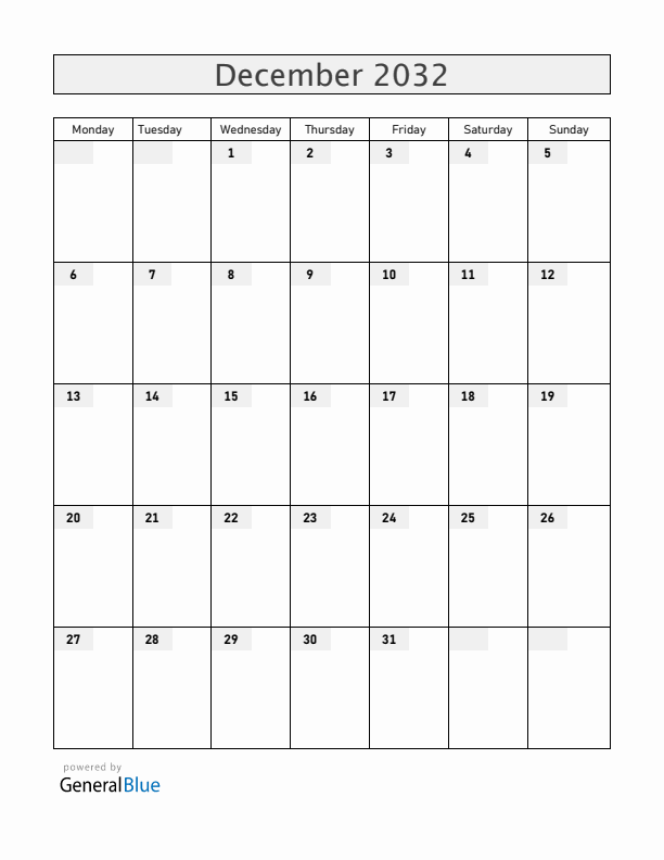Blank December 2032 Calendar