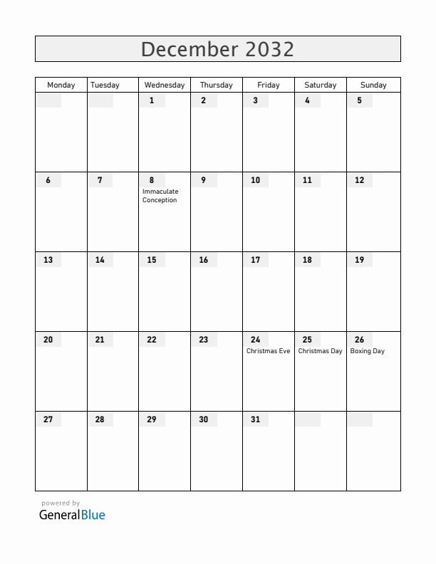 Andorra December 2032 Calendar with Holidays